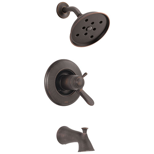 Delta Lahara Venetian Bronze Finish Thermostatic Tub and Shower Faucet Combo Includes Handles, 17T Cartridge, and Valve with Stops D3256V