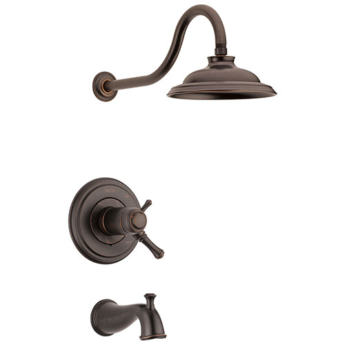 Delta Cassidy Venetian Bronze Finish TempAssure Water Efficient Tub & Shower Combo Includes Handles, 17T Cartridge, and Valve without Stops D3221V