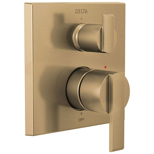 Delta Ara Champagne Bronze Finish Angular Modern 14 Series Shower System Control with 3-Setting Integrated Diverter Includes Valve and Handles D3776V