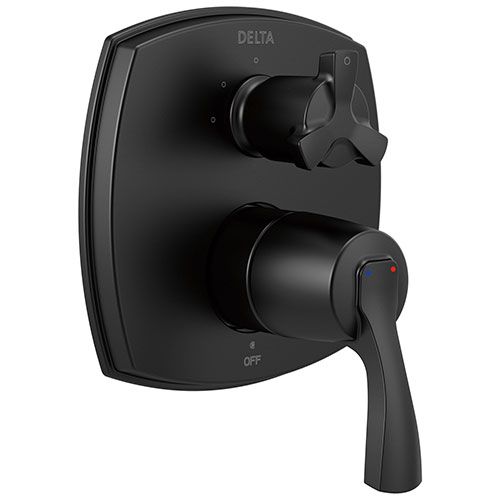 Delta Stryke Matte Black Finish 14 Series Shower System Control with 3 Function Integrated Cross Handle Diverter Includes Valve and Handles D3774V
