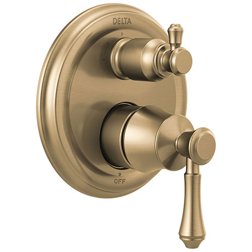 Qty (1): Delta Cassidy Champagne Bronze Finish Traditional Monitor 14 Series Shower Control Trim Kit with 3 Setting Integrated Diverter