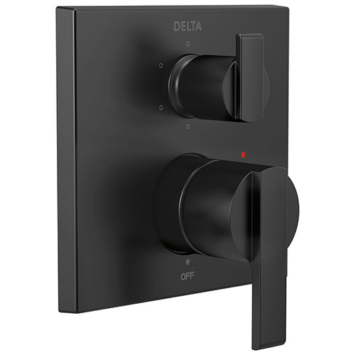 Qty (1): Delta Ara Matte Black Finish Angular Modern Monitor 14 Series Shower Control Trim Kit with 6 Setting Integrated Diverter