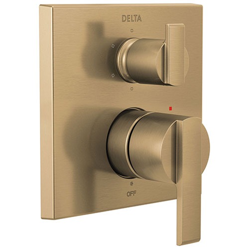 Qty (1): Delta Ara Champagne Bronze Finish Angular Modern Monitor 14 Series Shower Control Trim Kit with 6 Setting Integrated Diverter