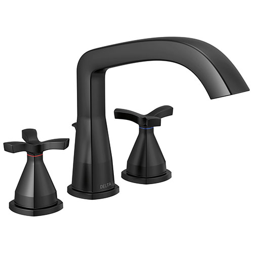 Delta Stryke Collection Matte Black Finish Three Hole Roman Tub Filler Faucet Includes Rough-in Valve and Helo Cross Handles D3160V