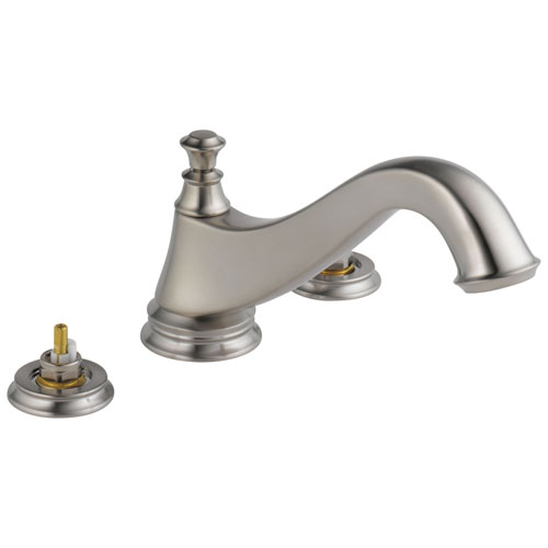 Qty (1): Delta Cassidy Roman Tub Trim Low Arc Spout Less Handles in Stainless Steel Finish