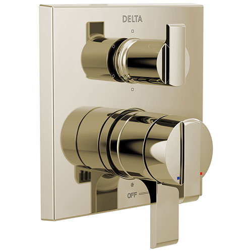 Qty (1): Delta Ara Polished Nickel Finish Angular Modern Monitor 17 Series Shower Control Trim Kit with 6 Setting Integrated Diverter