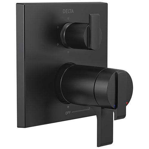 Delta Ara Matte Black Finish Modern Thermostatic Shower System Control with 6-Setting Integrated Diverter Includes Rough Valve and Handles D3672V