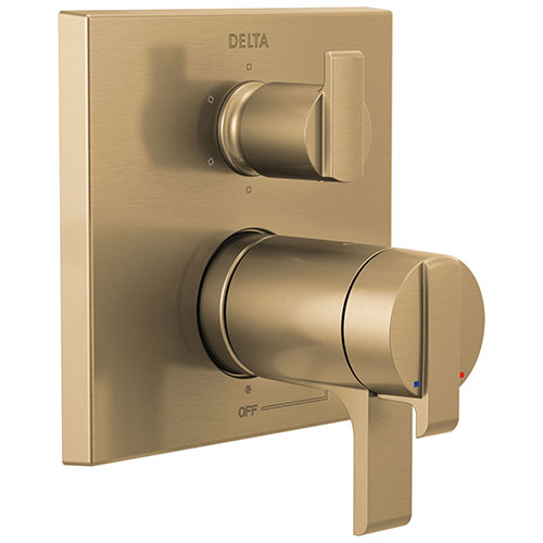 Delta Ara Champagne Bronze Finish Modern Thermostatic Shower System Control with 6-Setting Integrated Diverter Includes Rough Valve and Handles D3671V