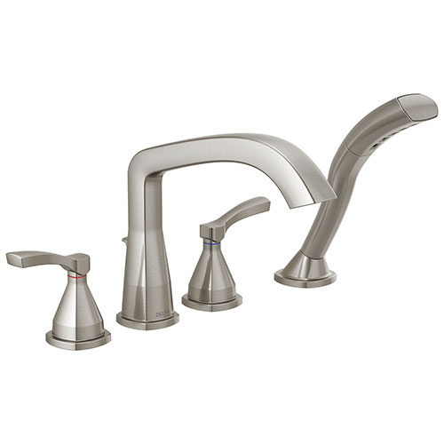 Delta Stryke Stainless Steel Finish Four Hole Deck Mount Roman Tub Filler Faucet Trim Kit with Hand Shower (Requires Valve) DT4776SS