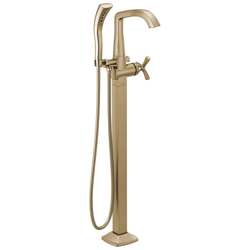 Delta Stryke Champagne Bronze Finish Single Helo Cross Handle Floor Mount Tub Filler Faucet with Hand Sprayer Includes Rough-in Valve D3045V