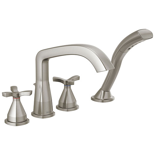Delta Stryke Stainless Steel Finish Cross Handle Deck Mount Roman Tub Filler Faucet with Hand Shower Trim Kit (Requires Valve) DT47766SS