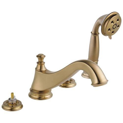 Qty (1): Delta Cassidy Roman Tub Trim With Hand Shower Low Arc Spout Less Handles in Champagne Bronze