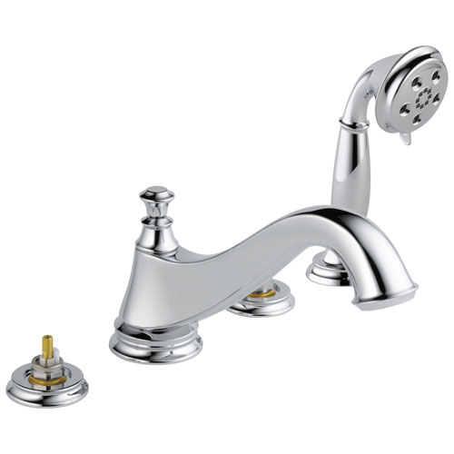 Qty (1): Delta Cassidy Roman Tub Trim With Hand Shower Low Arc Spout Less Handles in Chrome