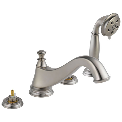 Qty (1): Delta Cassidy Roman Tub Trim With Hand Shower Low Arc Spout Less Handles in Stainless Steel Finish