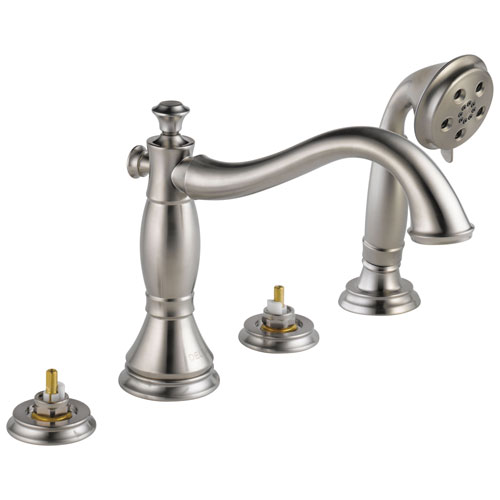 Qty (1): Delta Cassidy Roman Tub With Hand Shower Trim Less Handles in Stainless Steel Finish