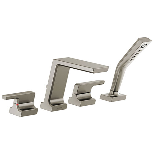 Qty (1): Delta Pivotal Stainless Steel Finish Roman Tub Filler Faucet with Hand Shower Trim Kit